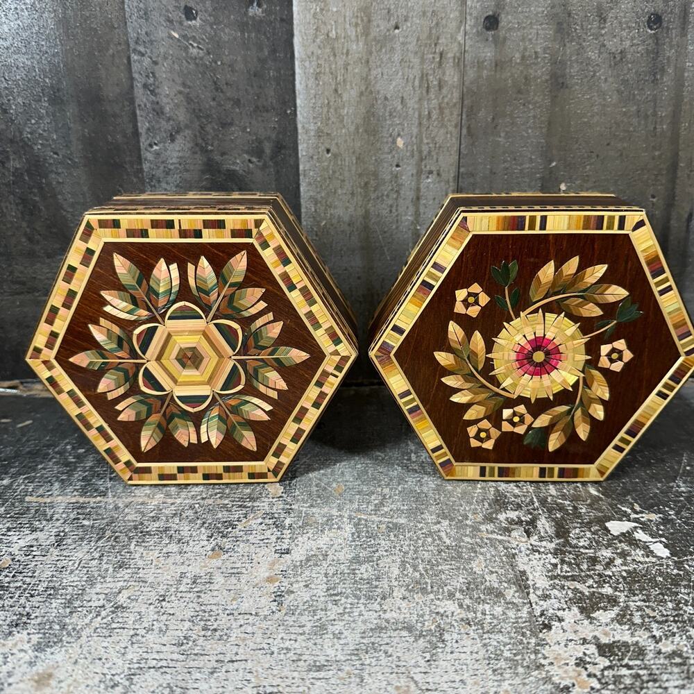 2 Hexagon Inlaid Style thin wooden Handmade Boxes